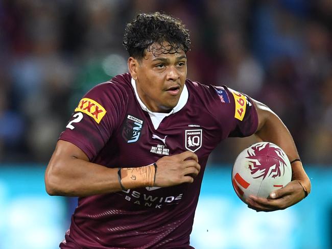 Broncos star Selwyn Cobbo on the charge for the Maroons. NRL Imagery