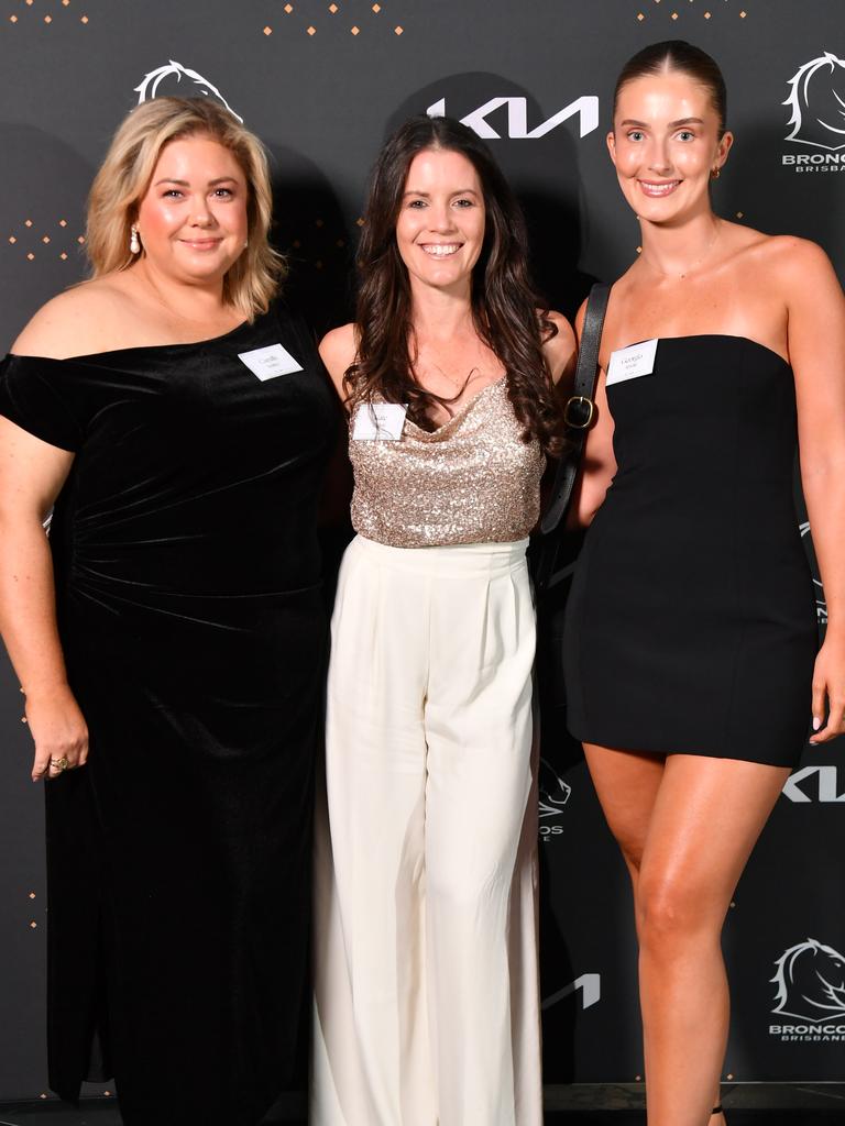 Camille Smiley, Kate Cullen and Georgia Arnott at the Broncos’ 2025 season launch at The Star Brisbane. Picture: John Gass