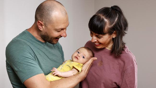 Sydney IVF patient Sophia Ang and partner Lucas Dobrolot, with their son, Hector at home. Sophia was 35 when she underwent treatment due to unexplained infertility and her treatment resulted in the birth of baby boy Hector in December 2022. Picture: Jonathan Ng