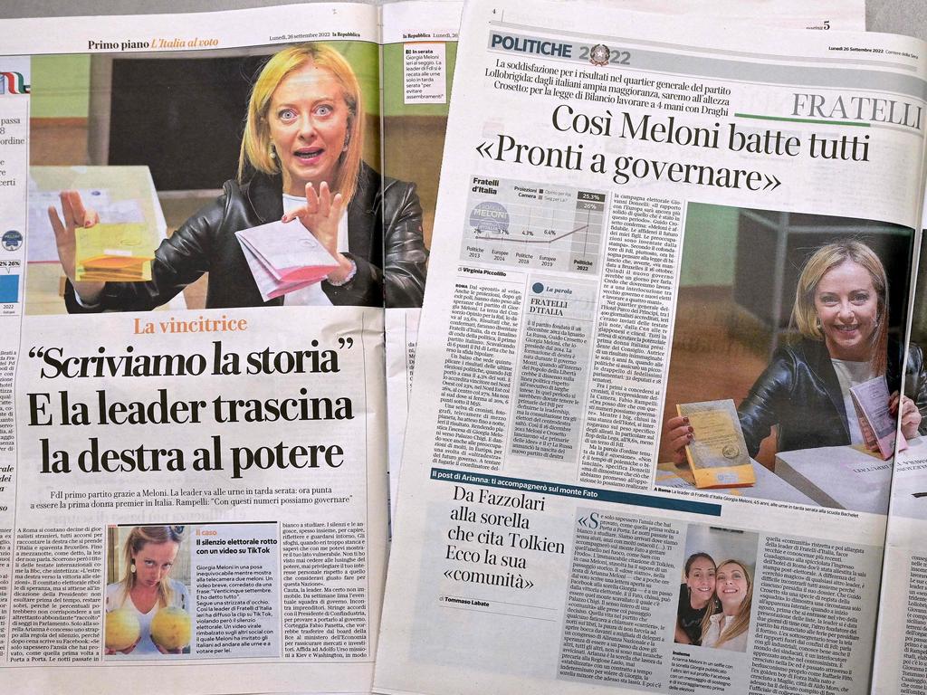 Italian newspapers react to Meloni’s stunning victory on September 26, 2022. Picture: Vincenzo Pinto/AFP