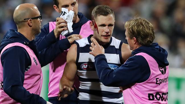 Selwood with a big cut on his head. Picture: Michael Klein