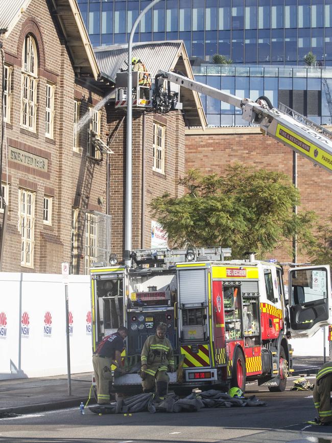 The scene at Parramatta Public School, Macquarie St, Parramatta where the school caught fire. Picture: Jenny Evans