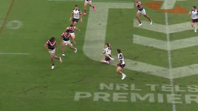 Reece Walsh slips on the Allianz surface. Photo: Fox Sports