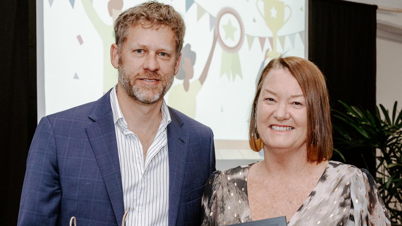 Mayor Michael Lyon and Community Member of Byron Shire winner Louise O'Connell (for running the Fletcher Street Cottage service). Picture: Possum Creek Studios