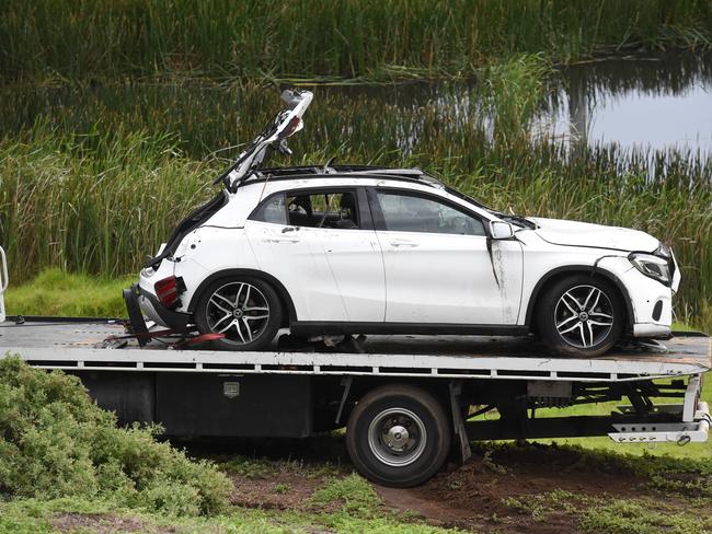 The luxury hire car ready to be towed away this morning after the horror crash. Picture: Tony Gough