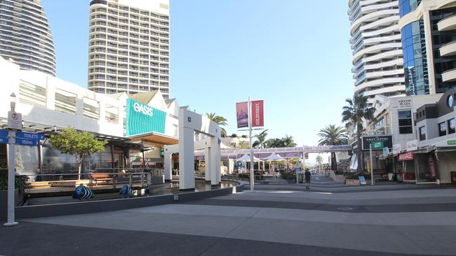 A deserted Broadbeach Mall during lockdown. Picture: Richard Gosling.