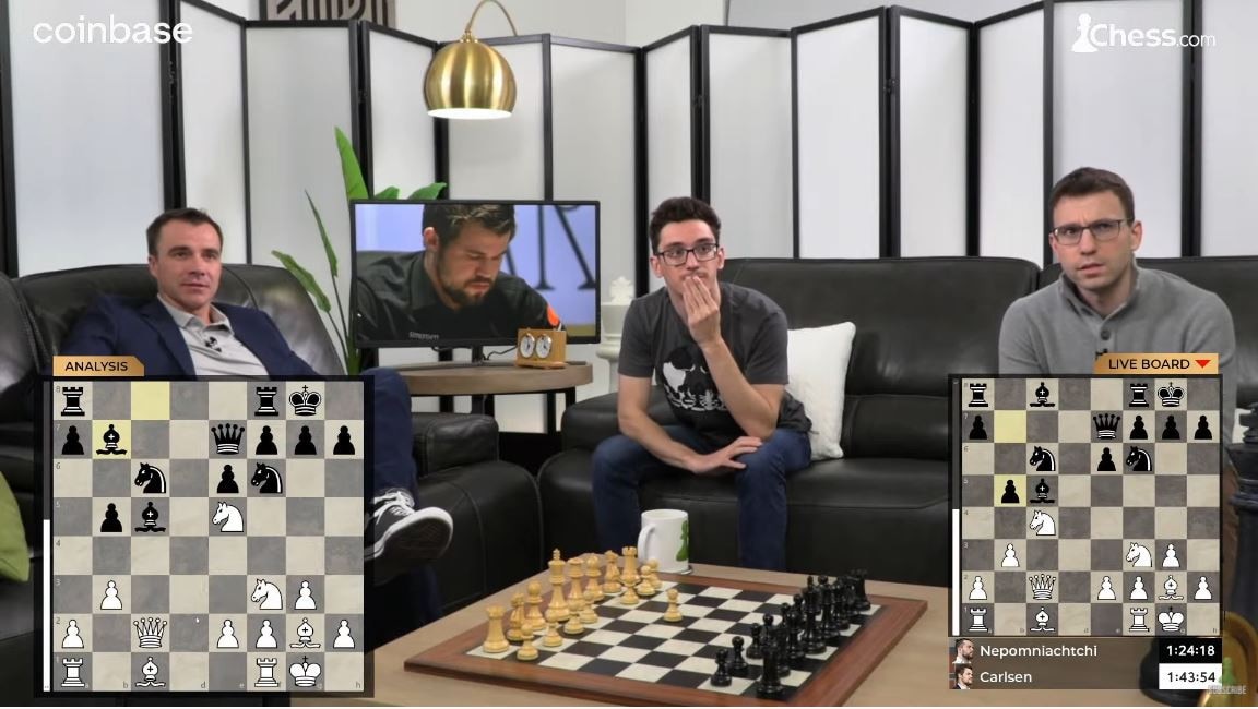 Chess.com Chief Chess Officer Daniel Rensch, grandmaster Fabiano Caruana and grandmaster Robert Hess analyse the position on chess.com’s live broadcast. Picture: YouTube