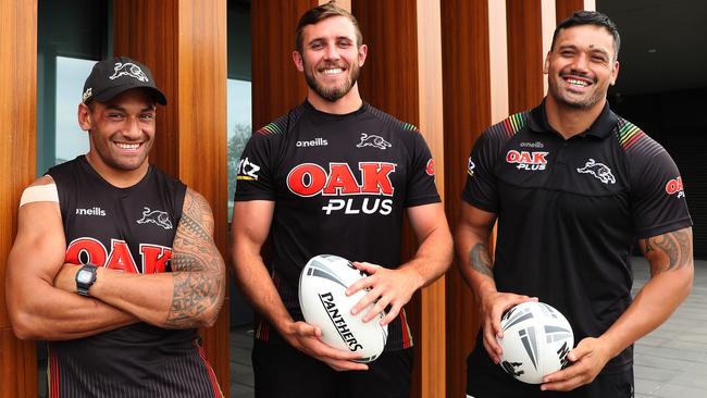 Apisai Koroisau, Kurt Capewell and Zane Tetevano pose for a portrait at Panthers Rugby League Academy, Penrith. Picture: Brett Costello