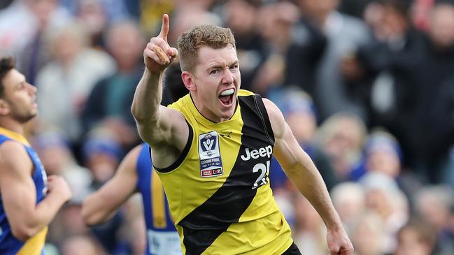 Jacob Townsend celebrates a goal in Richmond’s VFL grand final win this year.