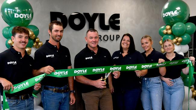 Mendi rebranded to Doyle Group Holdings. Jeff and Natasha Doyle (centre) with Mitch, Matt, Courtney and Courtney at the company's Bohle headquarters. Picture Evan Morgan