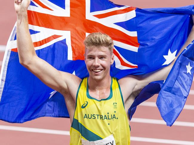 TOKYO, JAPAN:  August 5:   Ashley Moloney of Australia celebrates his bronze medal in the decathlon during the Track and Field competition at the Olympic Stadium  at the Tokyo 2020 Summer Olympic Games on August 5, 2021 in Tokyo, Japan. (Photo by Tim Clayton/Corbis via Getty Images)