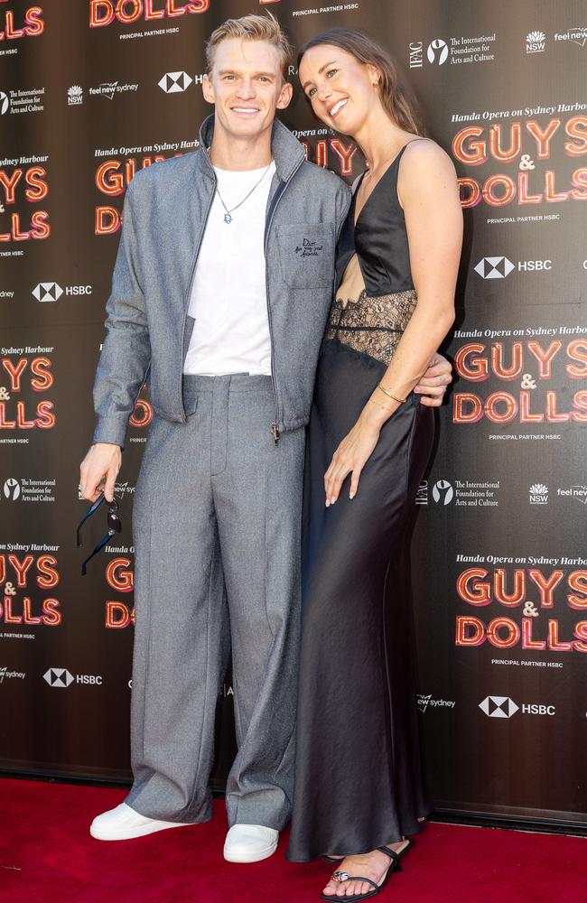 The Daily Telegraph Friday 21 February 2025 Red Carpet – Guys and Dolls Cody Simpson and partner Emma McKeon attend the red carpet before preforming the opening night of Guys and Dolls. Picture Thomas Lisson
