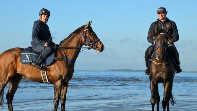 Zaaki (left) with stablemate Mo’unga at Altona Beach on Wednesday. Picture: Getty Images