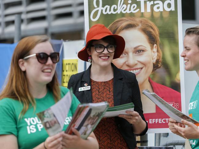 Greens candidate Amy MacMahon running for the seat of South Brisbane at a voting station at West End State School. Picture: AAP Image/Glenn Hunt