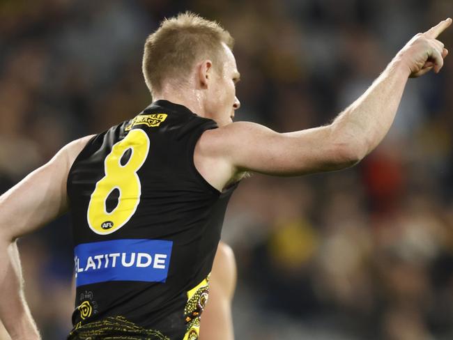 MELBOURNE, AUSTRALIA - MAY 21: Jack Riewoldt of the Tigers celebrates a goal  during the round 10 AFL match between the Richmond Tigers and the Essendon Bombers at Melbourne Cricket Ground on May 21, 2022 in Melbourne, Australia. (Photo by Darrian Traynor/Getty Images)