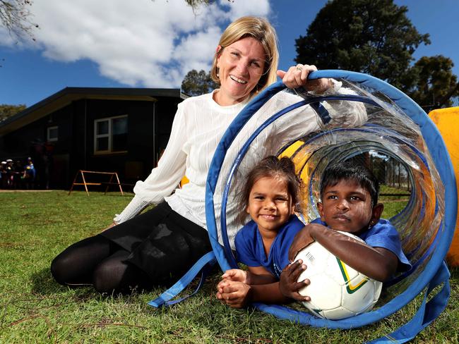 15/10/2019Principal Lee Musumeci with students Azarli and Suhanthan both aged 3 at Challis Community school, Armadale.Pic Colin Murty The Australian