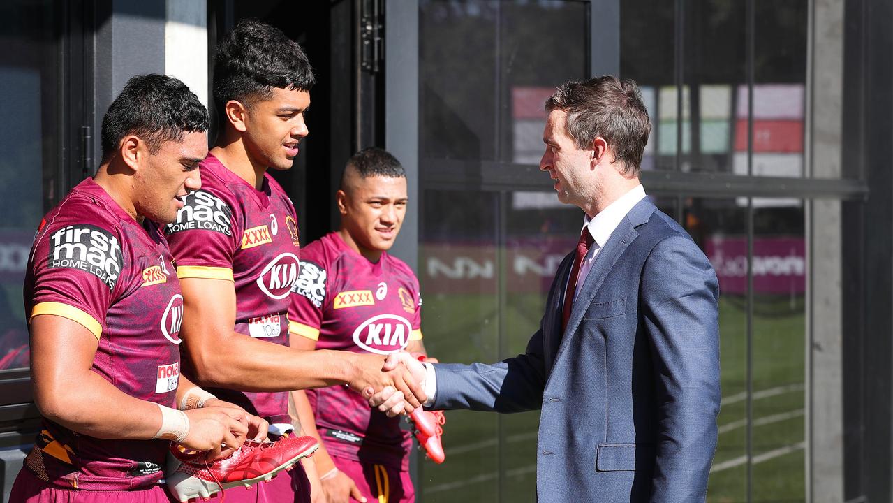 New Broncos boss Dave Donaghy meets with players in at Red Hill during training. Picture: Liam Kidston.