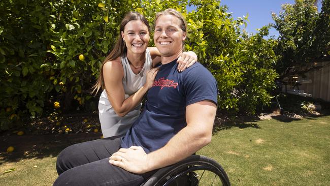 Former Australian BMX champ and paraplegic Sam Willoughby with his wife Alise in Adelaide for the opening of his BMX Track. Picture: Simon Cross