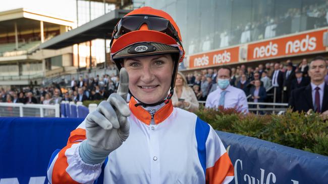 Jamie Kah after winning her 100th race for the season. Picture: Tony Gough