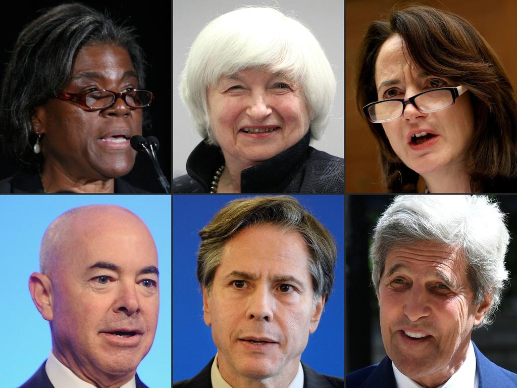 Linda Thomas-Greenfield, Janet Yellen, Avril Haines, Alejandro Mayorkas, Antony Blinken and John Kerry have been selected by Joe Biden to fill key positions in the US government. Picture: AFP