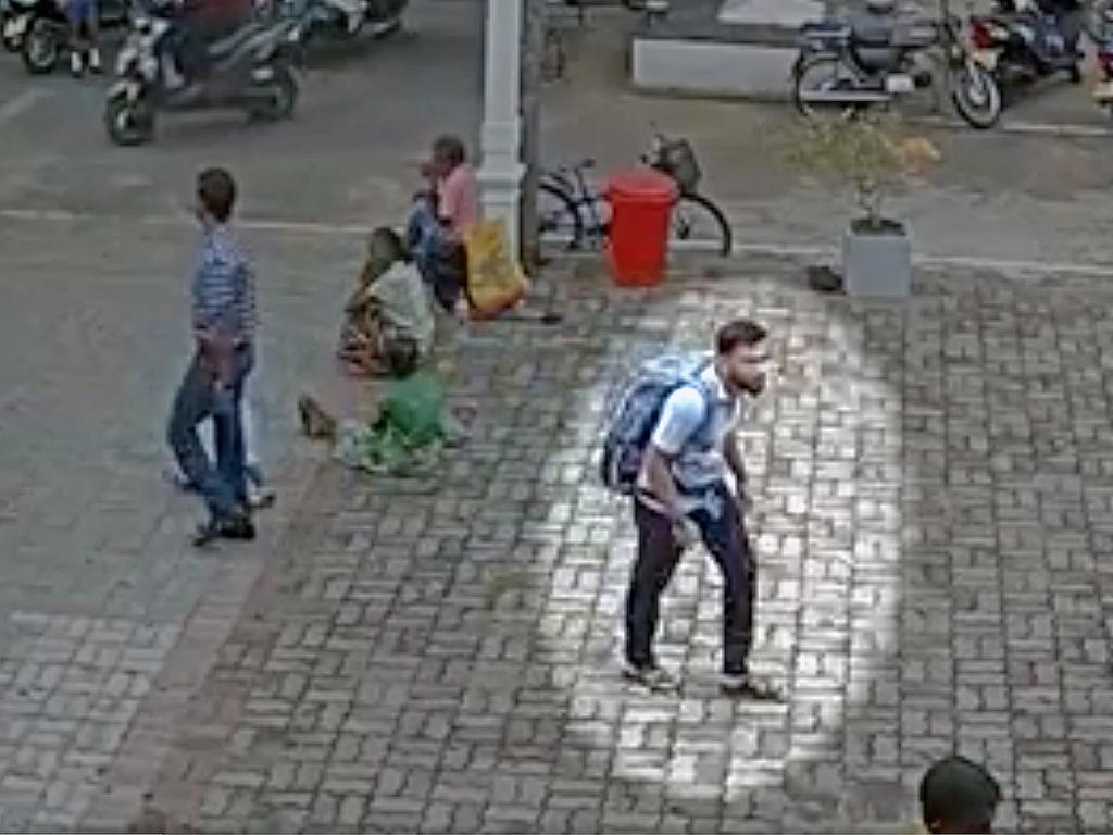 CCTV images released of one of the bombers before an attack in Sri Lanka, showing the moment he calmly walked into a church packed full of people on Easter Sunday, 21 April 2019. The alleged bomber also appears to say goodbye to a little girl before walking off. Picture: CNN