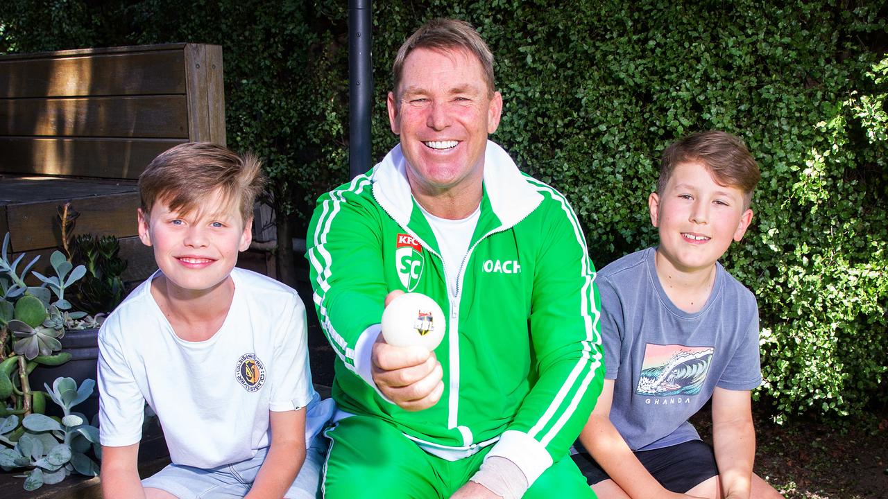 Shane Warne launches KFC SuperCoach BBL with Jack Atchison (left) and Tom Beasley. Picture: Sarah Matray