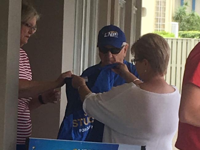 Photos have emerged of an LNP volunteer appearing to hand out how to vote cards for both Currumbin MP Jann Stuckey and independent candidate Andy Semple. Picture: Supplied