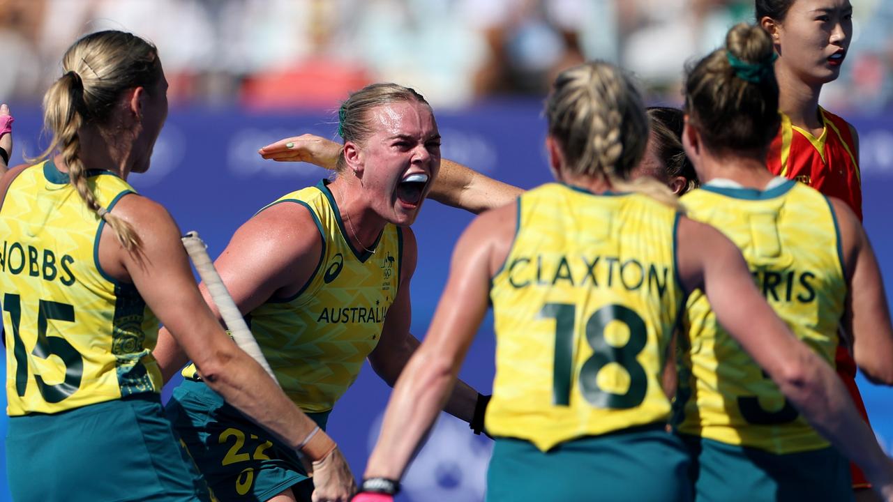 Tatum Stewart of Team Australia celebrates scoring her team's second goal with teammates during the Quarter Final Women's match between Australia and People's Republic of China on day ten of the Olympic Games Paris 2024. (Photo by Luke Hales/Getty Images)