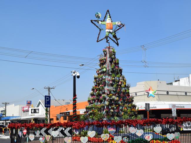 FESTIVE: Lismore City Council's 2019 recycled Christmas tree has been unveiled. The 7-metre CBD festive sculpture is made from more than 300 potted plants.