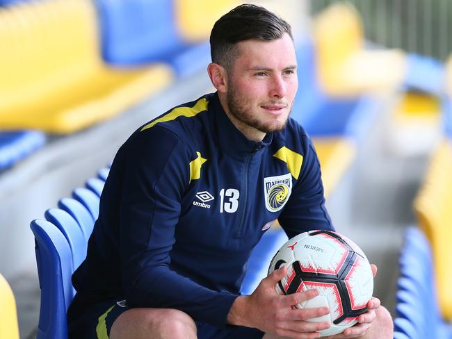 Aiden O'Neill has joined the Central Coast Mariners  on loan from English Premier League side Burnley. Aiden is in posed picture on Tuesday 4th September 2018 after training at Pluim Park.(AAP Image/Sue Graham)