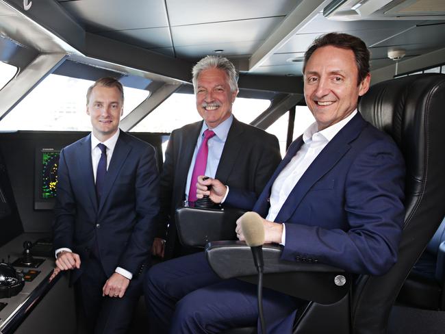 Manly MP James Griffin, Richard Doyle Head of international sales and Anthony Haworth General Manager of Captin Cook Cruises inside the fast ferry from Manly to Barangaroo. Picture: Adam Yip.