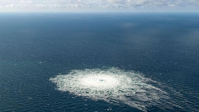 The gas leak at the Nord Stream 2 gas pipeline seen from the air. Picture:AFP.