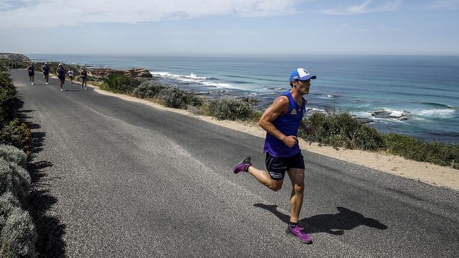 Josh Dunkley in action during a running session. Picture: Getty