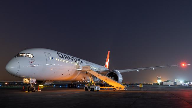 A Qantas Boeing 787-9 Dreamliner aircraft at Australia's main operating base in the Middle East, to assist with transporting Afghanistan evacuees to Australia. Picture: Department of Defence