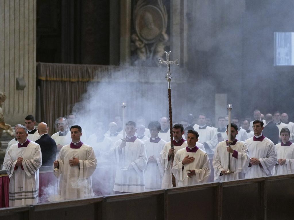 The procession with the body of Pope Francis, who will lie in state for three days, enters St. Peter's Basilica. Picture: AP