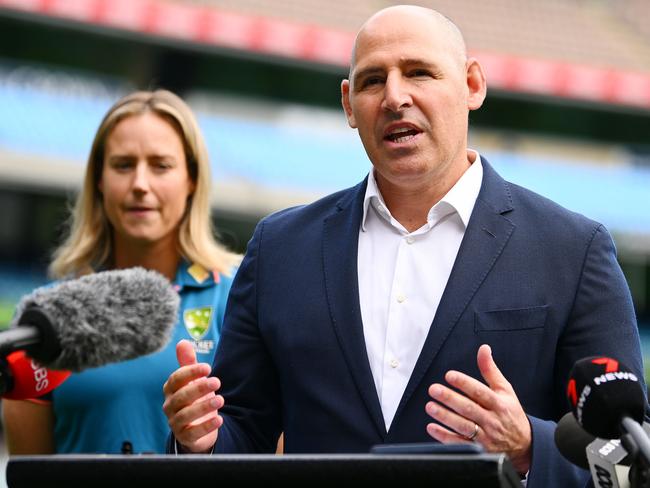 MELBOURNE, AUSTRALIA - APRIL 30: Cricket Australia CEO, Nick Hockley speaks to media during Cricket Australia's Women and Girls Action Plan Launch at Melbourne Cricket Ground on April 30, 2024 in Melbourne, Australia. (Photo by Morgan Hancock/Getty Images for Cricket Australia)