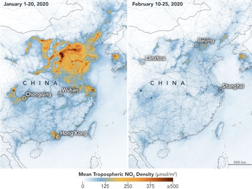 NASA images show a comparison in air pollution in China.