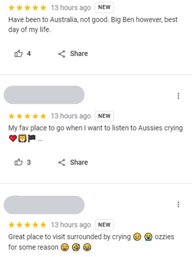 The English have returned fire with their own five-star reviews. Picture: Google Maps.