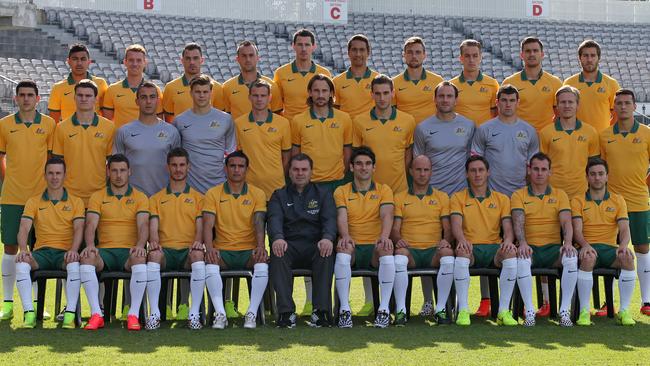 The entire Socceroos squad for the 2014 World Cup in Brazil. BACK ROW — Massimo Luongo, Oliver Bozanic, James Troisi, Ivan Franjic, Ryan McGowan, Adam Sarota, James Holland, Adam Taggart, Bailey Wright, Joshua Brillante. MIDDLE ROW — Tommy Rogic, Curtis Good, Mark Birighitti, Mitchell Langerak, Alex Wilkinson, Josh Kennedy, Matthew Spiranovic, Eugene Galekovic, Mathew Ryan, Ben Halloran, Jason Davidson. FRONT ROW — Matthew McKay, Matthew Leckie, Dario Vidosic, Tim Cahill, Ange Postecoglou (coach), Mile Jedinak, Mark Bresciano, Mark Milligan, Luke Wilkshire and Tommy Oar. Picture: George Salpigtidis