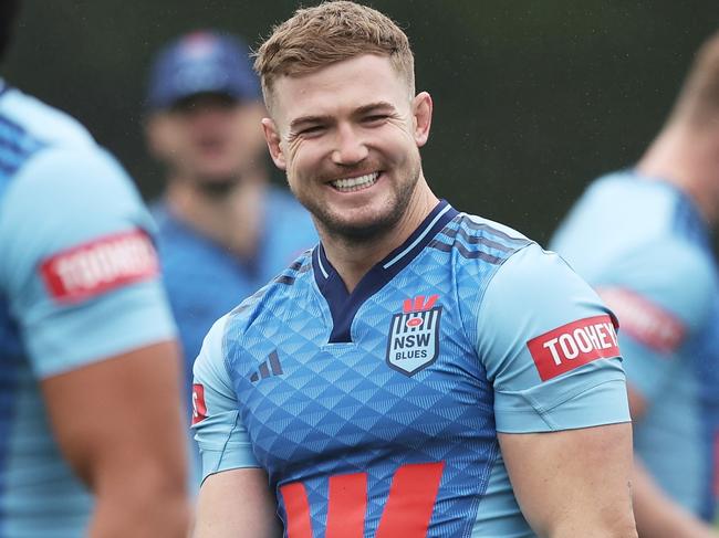 WENTWORTH FALLS, AUSTRALIA - MAY 21:  Hudson Young looks on during a NSW Blues State of Origin squad training session at Blue Mountains Grammar School on May 21, 2025 in Wentworth Falls, Australia. (Photo by Matt King/Getty Images)