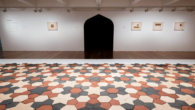 Installation view of Dana Awartani’s artwork in the Asia Pacific Triennial including (front) Standing by the ruins 2022 and (back l-r) Study Drawing 1-4 from the Standing by the Ruins series 2024. Photograph: J Ruckli/QAGOMA