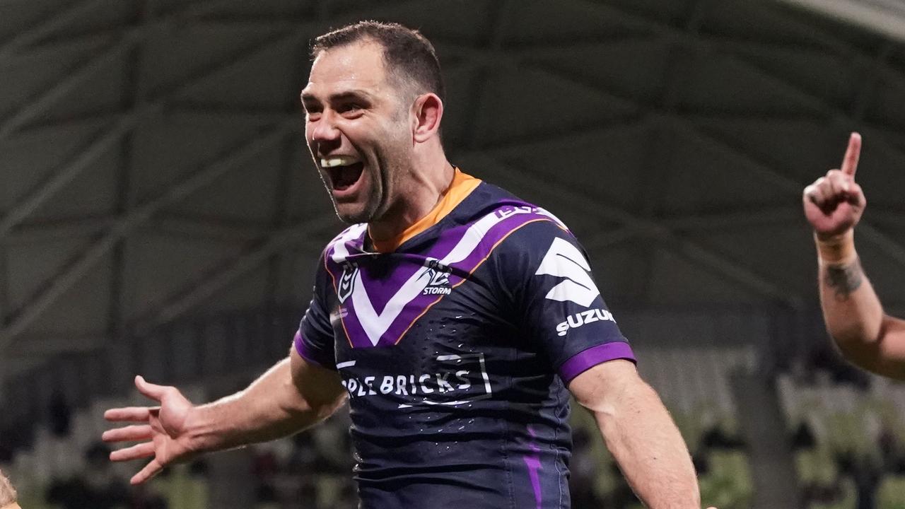 Ryan Papenhuyzen (unseen) of the Melbourne Storm is congratulated by Cameron Smith after scoring a try during the second NRL Semi Final match between the Melbourne Storm and the Parramatta Eels at AAMI Park in Melbourne, Saturday, September 21, 2019. (AAP Image/Scott Barbour) NO ARCHIVING, EDITORIAL USE ONLY