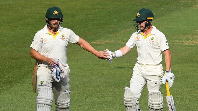 Aaron Finch survived to stumps on day two along with fellow opener Marcus Harris. Picture: Getty