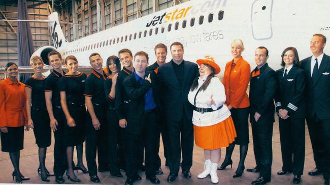 The launch of Jetstar 15 years ago with then chief executive Alan Joyce, John Travolta, Magda Szubanski and the airline’s crew.