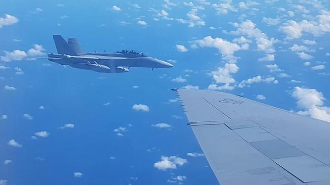 The F/A-18 Hornet waiting in line for refuelling. Picture: Jodie Munro O'Brien