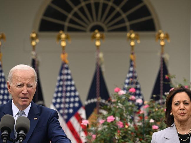 US Vice President Kamala Harris listens as President Joe Biden announces the White House Office of Gun Violence Prevention, in the Rose Garden of the White House in Washington, DC, September 22, 2023. (Photo by SAUL LOEB / AFP)