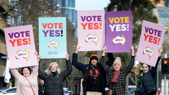 Supporters of the upcoming Voice to parliament referendum gather for a rally at Trades Hall in Melbourne. Picture: NCA NewsWire / Andrew Henshaw