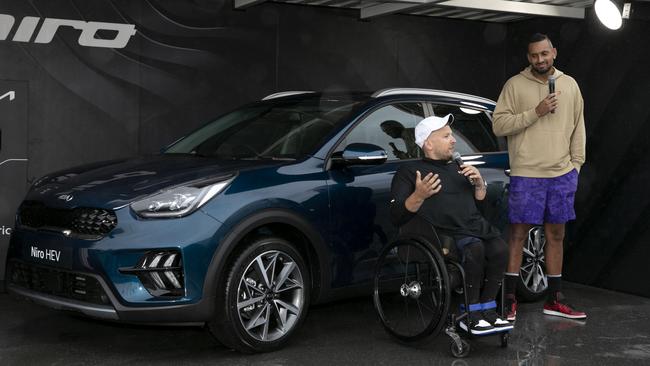 Australian tennis stars Dylan Alcott and Nick Kyrgios speak at the Kia Fleet handover at Melbourne Park in February, 2021. Picture: Tennis Australia/Fiona Hamilton