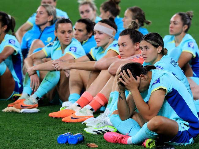 Sam Kerr looks shattered during the post-match. Picture: Adam Head.