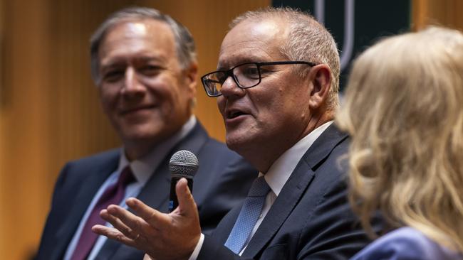 Scott Morrison speaks during an event promoting his new book at the Australian Embassy in Washington. Picture: Samuel Corum